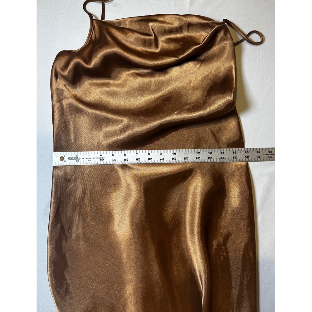 Bebe Bronze Satin Cowl Neck Midi Slip Dress Spaghetti Strap Lettuce Hem Small - Picture 6 of 6